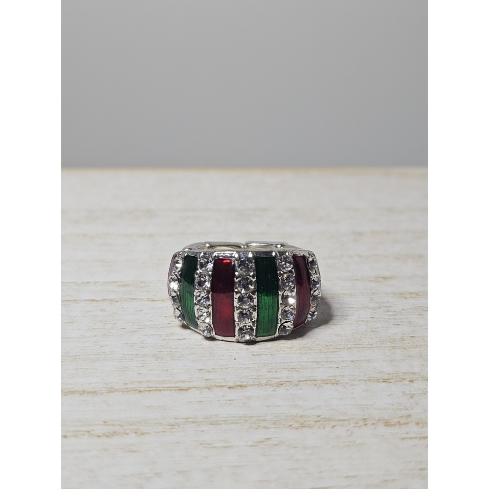 Christmas Holiday Stretch Ring Silver Tone Red Green Enamel Clear Rhinestone Vtg